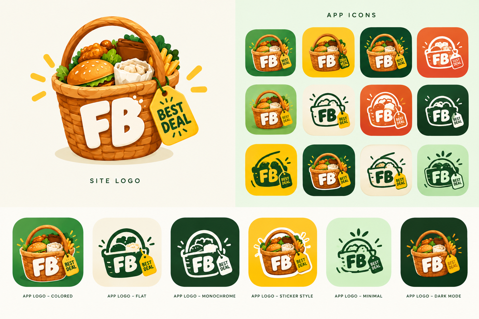 FinestBunch food basket logo concept with a Best Deal tag and app icon variations